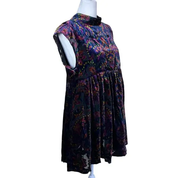 Free People Sz S All the Time Velvet Mini Dress in Dark Night Combo Boho Sexy - Picture 7 of 16